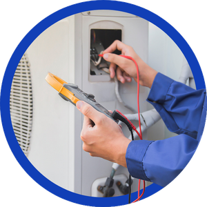 Electrician testing wiring in an electrical panel with a multimeter and probes