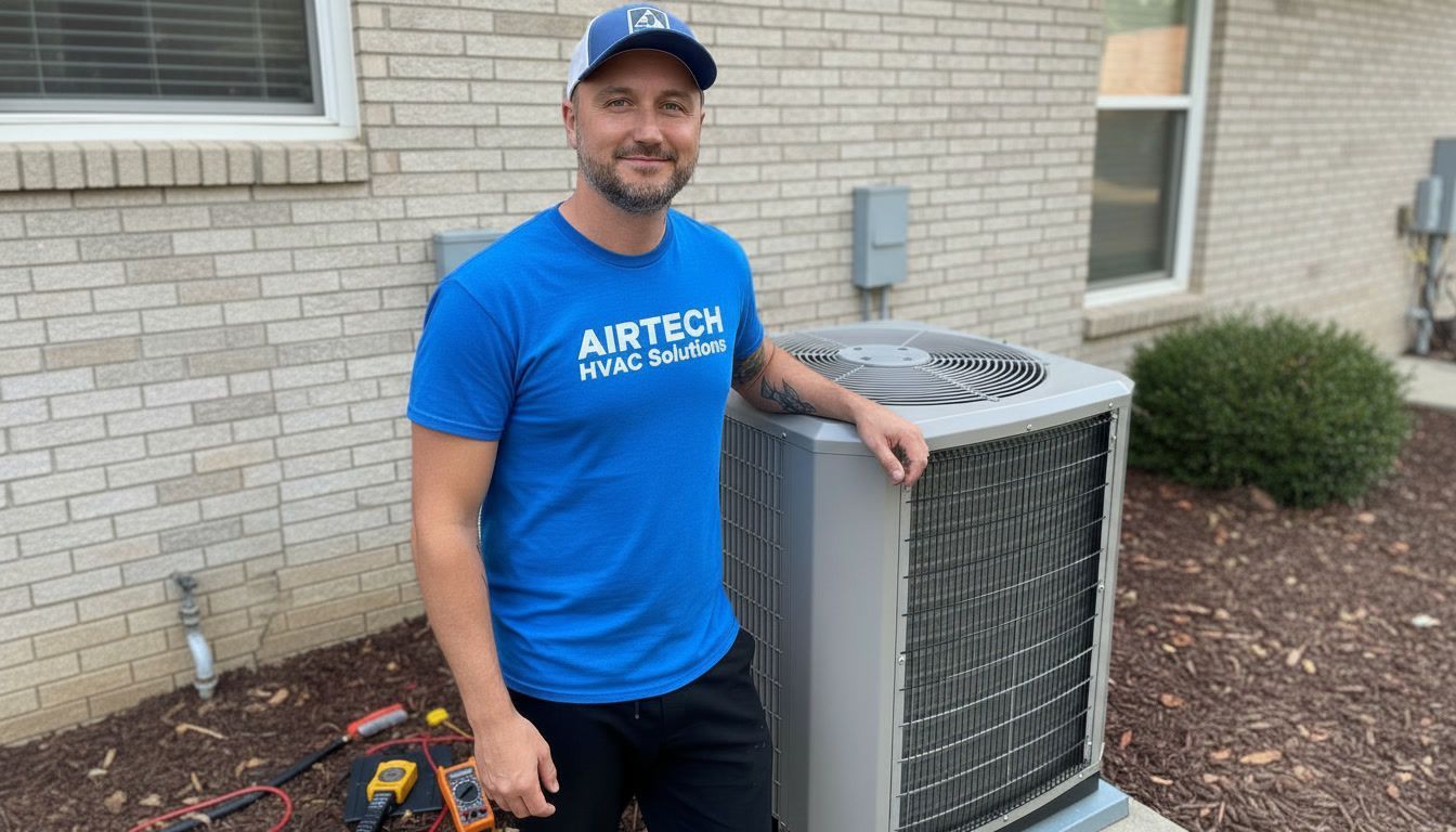 Technician in blue shirt standing beside an outdoor HVAC unit next to a house