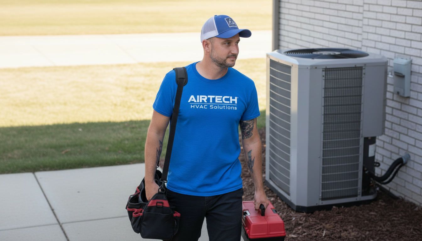 Worker in blue shirt and cap carrying tools beside an outdoor HVAC unit.