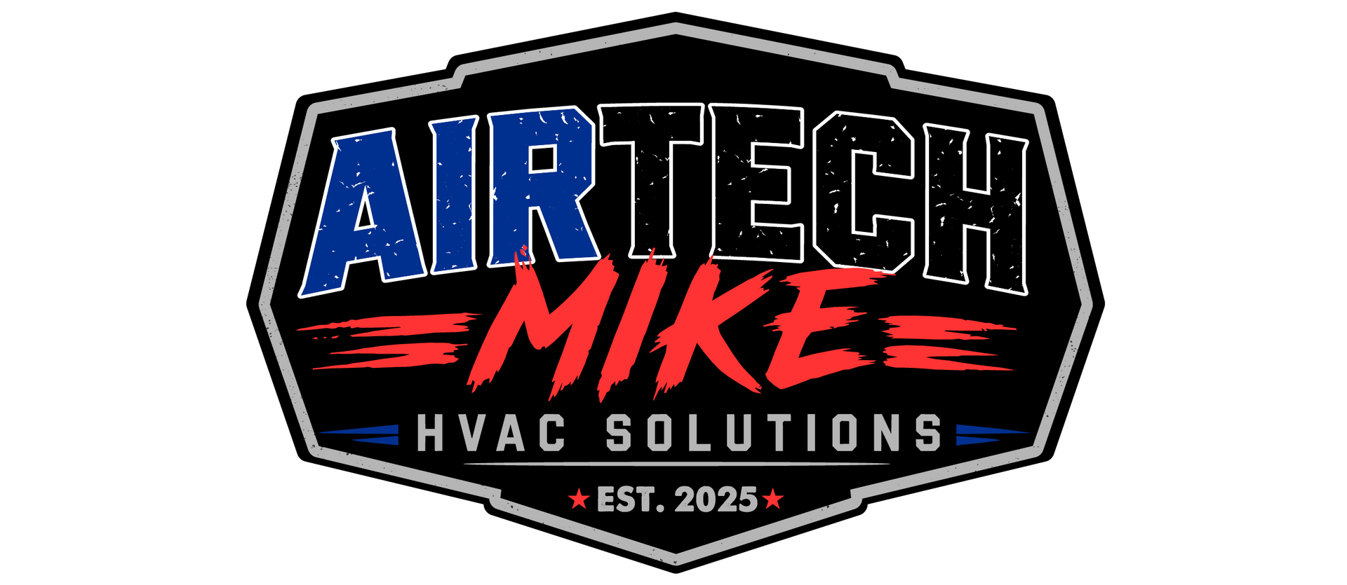 AirTech Mike HVAC Solutions logo in blue, white, and red on a black badge background