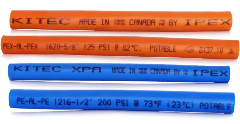 Three labeled plastic pipes stacked horizontally: orange, blue, and light blue on a white background.