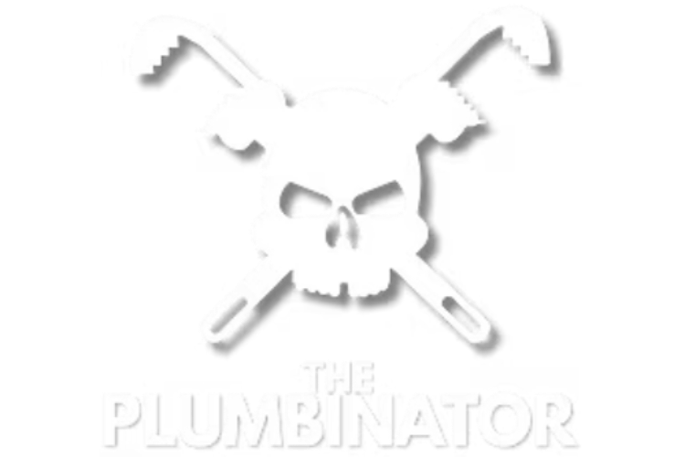 White logo of crossed plumbing tools with a skull and the words “THE PLUMBINATOR”