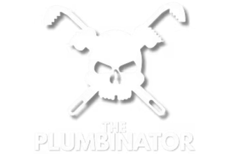 White logo of crossed plumbing tools with a skull and the words “THE PLUMBINATOR”