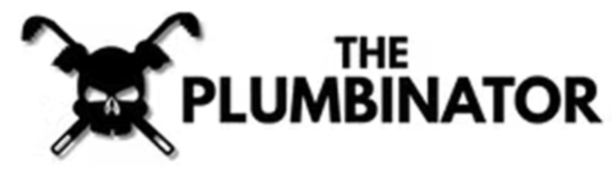 Black plumber silhouette logo with crossed tools and the text “THE PLUMBINATOR”