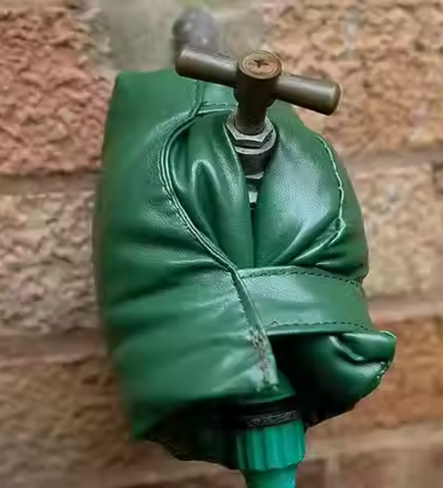 Green jacket wrapped around an outdoor faucet against a brick wall.