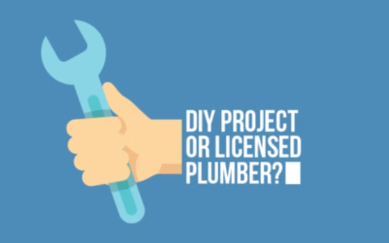Hand holding a blue wrench beside text: “DIY PROJECT OR LICENSED PLUMBER?”