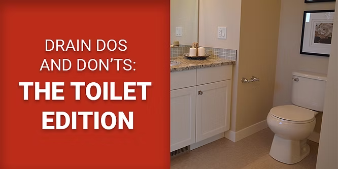 Red graphic reading “Drain Dos and Don’ts: The Toilet Edition” beside a bathroom toilet.
