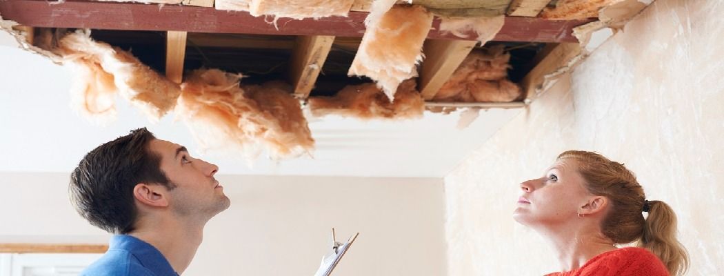Two people looking up at exposed ceiling damage with insulation hanging down in a room