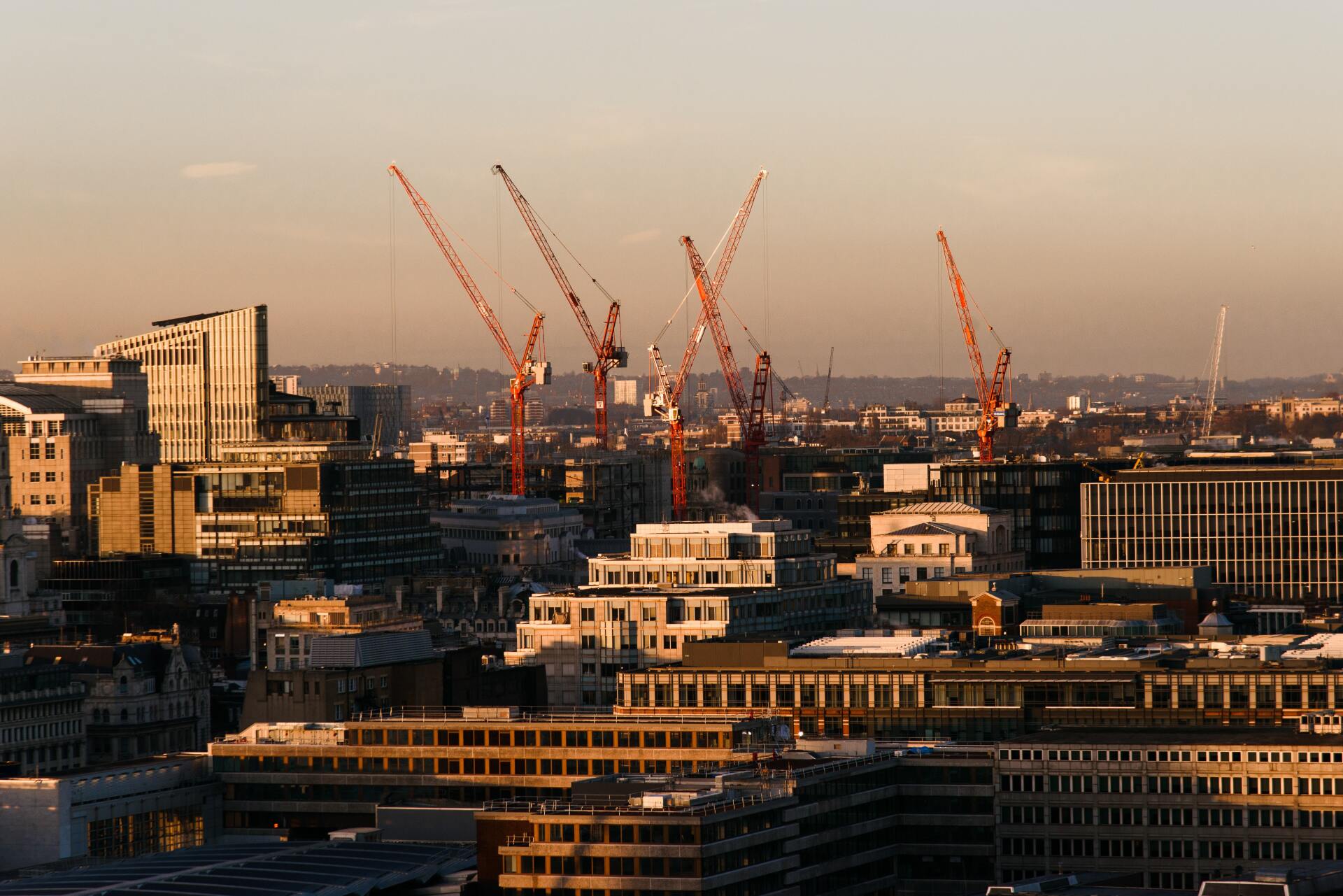A cityscape at sunset featuring multiple red construction cranes towering over urban buildings and office blocks.