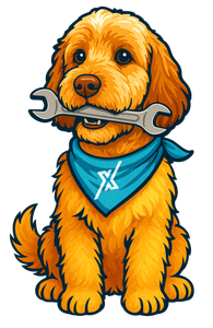 A cartoon dog is holding a wrench in its mouth