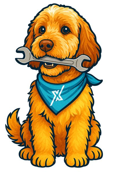 A cartoon dog is holding a wrench in its mouth