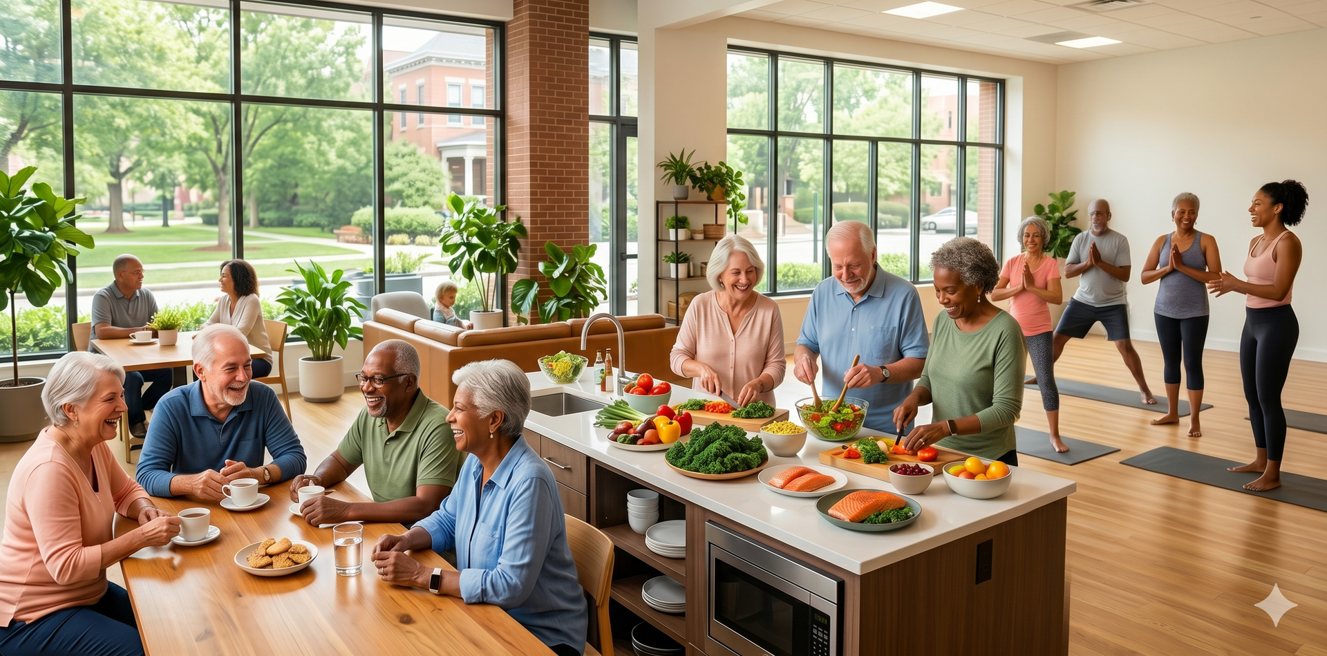 People sharing a meal in a bright community dining room, with a buffet of fresh food and large windows.