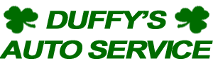 Green Duffy’s Auto Service logo with shamrocks and bold italic text