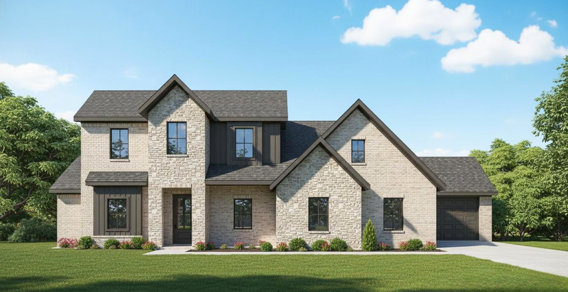 Simple custom home built by hines homes with dark brick and a white accent wall out front with a curved front porch