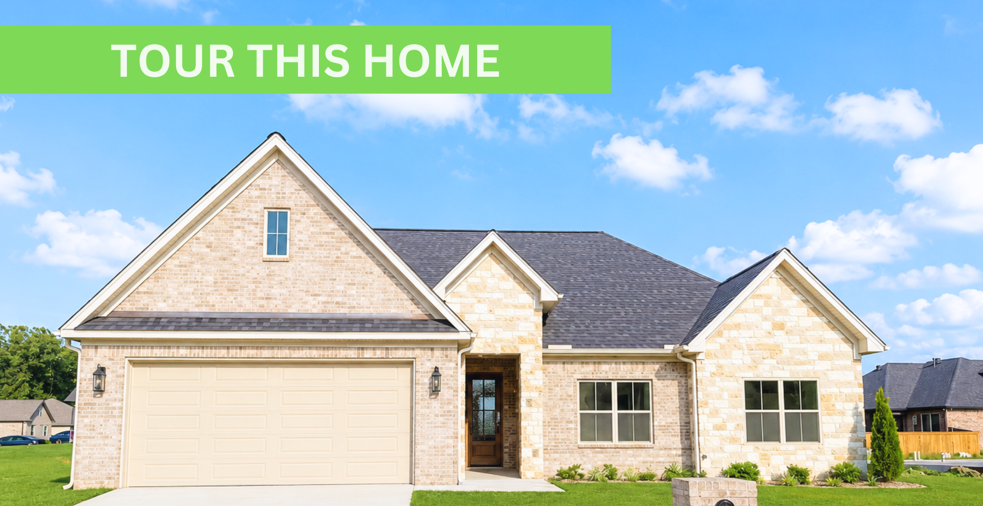Simple custom home built by hines homes with dark brick and a white accent wall out front with a curved front porch
