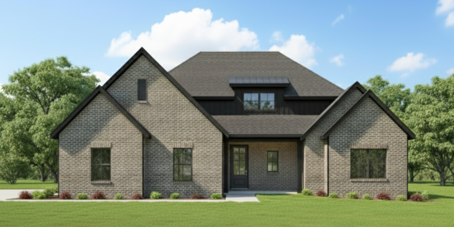Simple custom home built by hines homes with dark brick and a white accent wall out front with a curved front porch