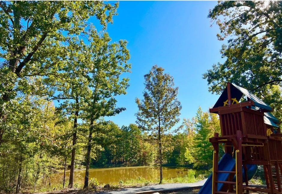 Beautiful view of a lake with pine trees and a kids playhouse in the back yard of a new construction home in a neighborhood