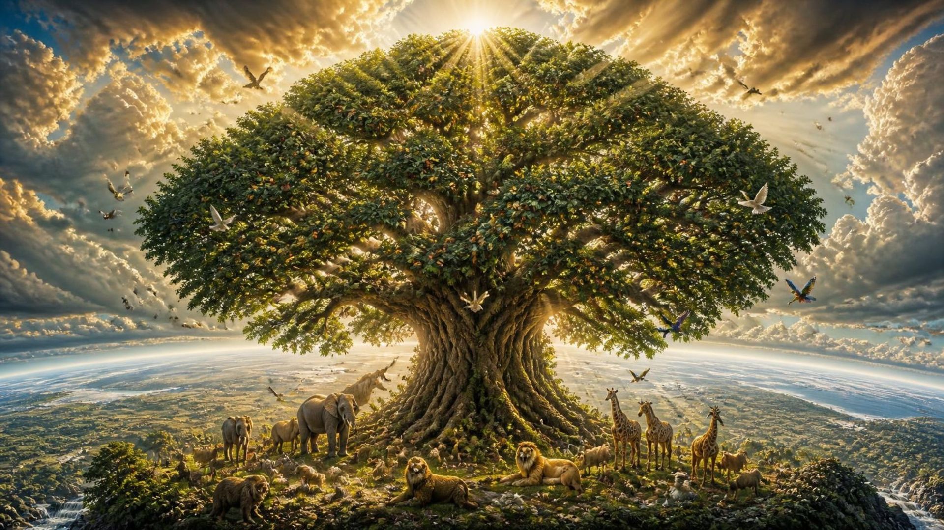 Een grote boom met een sterke stam in een wijds landschap