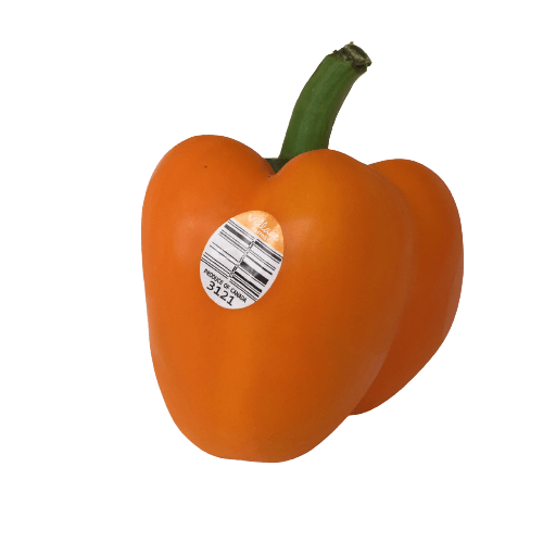An orange pepper with a sticker on it that says 3121