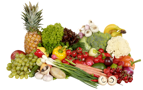 A variety of fruits and vegetables on a white background