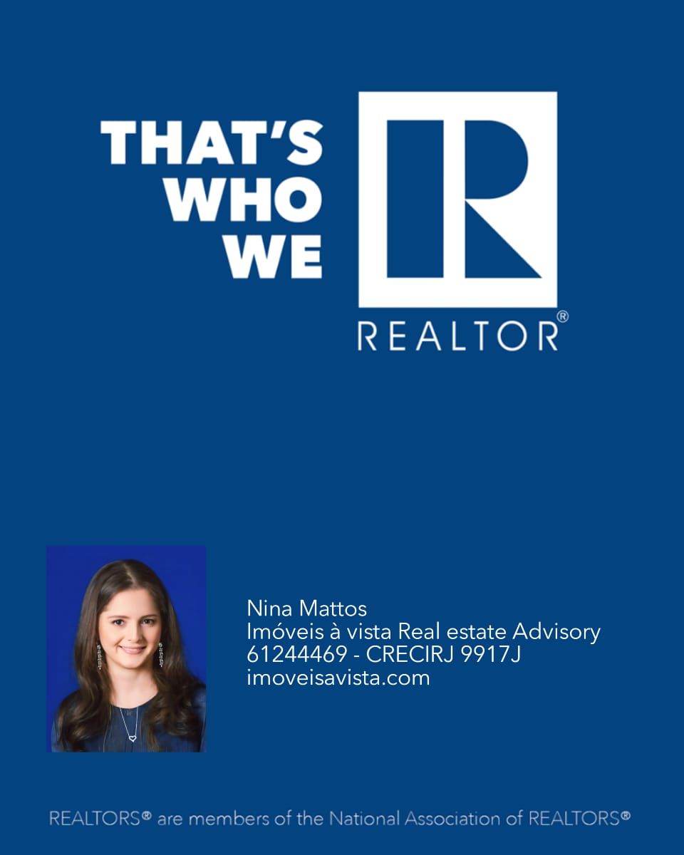 REALTOR promo card with blue background, logo, and agent headshot with Nina Mattos contact details