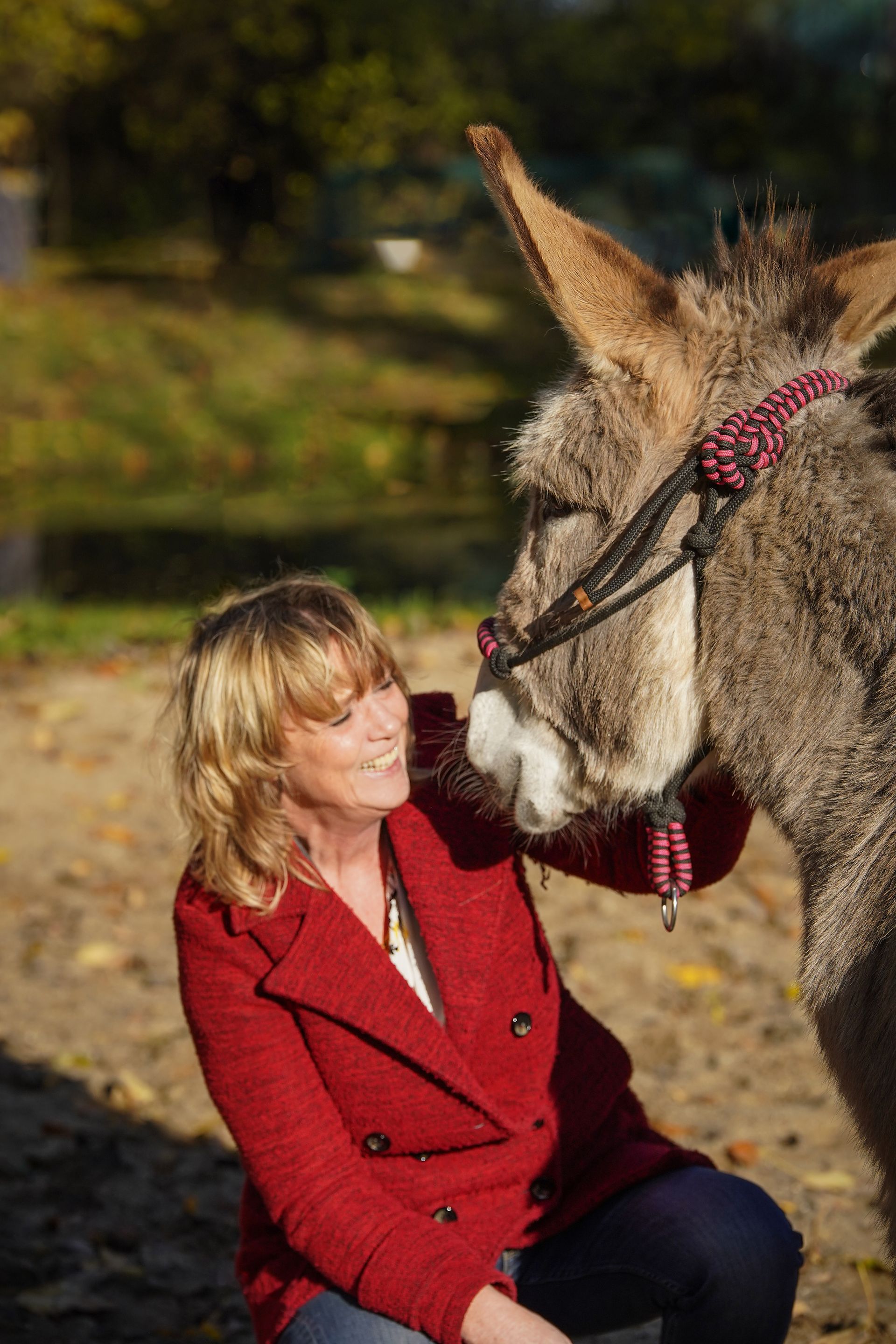 Een vrouw in een rode jas aait een ezel. Ezelcoaching Op Ezelavontuur