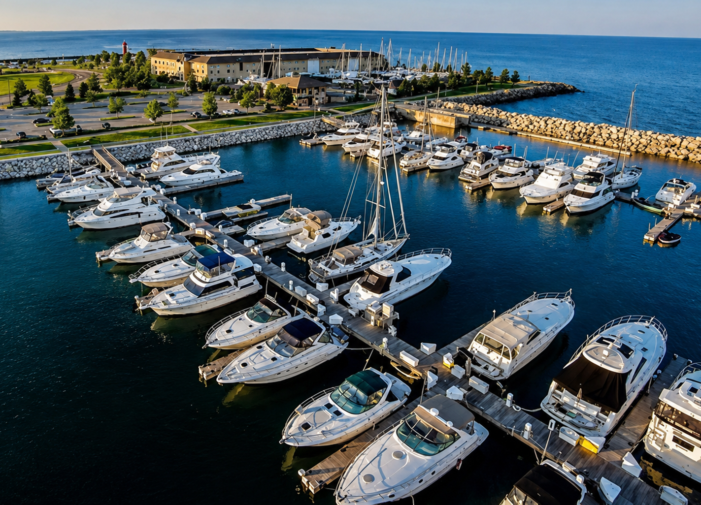 Marina packed with white yachts beside a blue ocean and breakwater under clear skies
