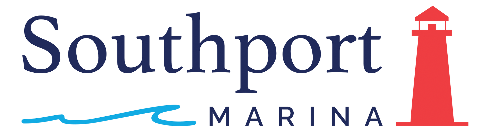 Southport Marina logo with navy text, blue wave, and red lighthouse icon