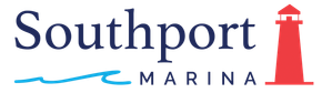 Southport Marina logo with navy text, blue wave, and red lighthouse icon
