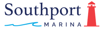 Southport Marina logo with navy text, blue wave, and red lighthouse icon