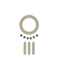 Logotipo abstracto: un círculo beige sobre un arco punteado y tres líneas verticales.