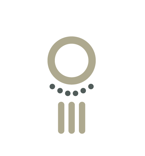 Logotipo abstracto: un círculo beige sobre un arco punteado y tres líneas verticales.