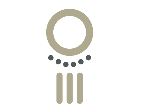Diseño abstracto: un círculo beige sobre una fila de puntos gris oscuro, encima de tres líneas verticales beige.