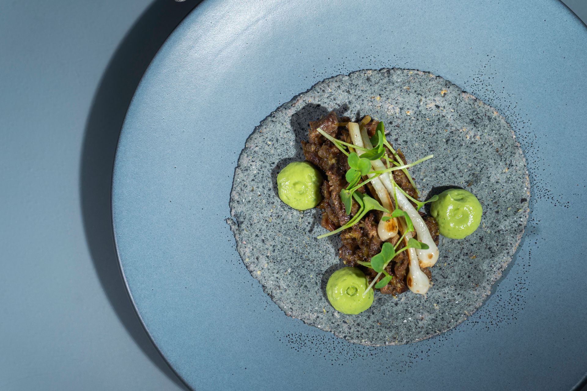 Plato azul con comida gourmet: carne oscura, salsa verde y verduras.