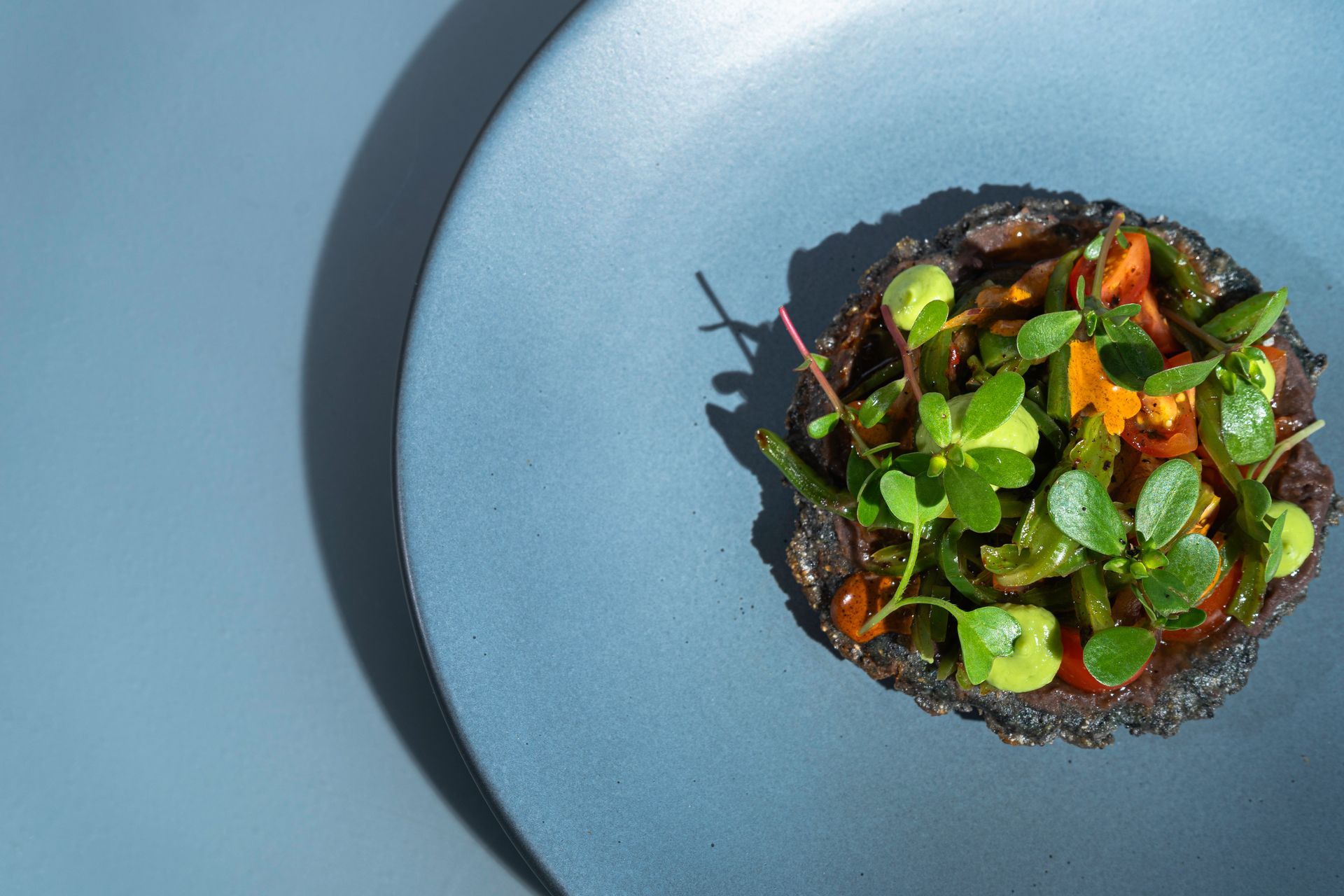 Disco oscuro y texturizado cubierto con vegetales coloridos y microvegetales sobre un plato azul.