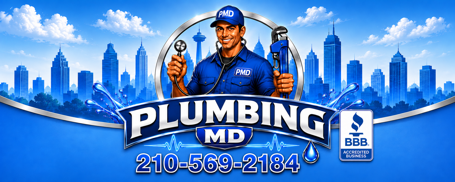 Blue plumbing service logo with technician, city skyline, BBB badge, and phone number 210-569-2184