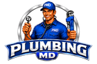 Plumber logo with smiling technician in blue uniform holding wrench and pipe
