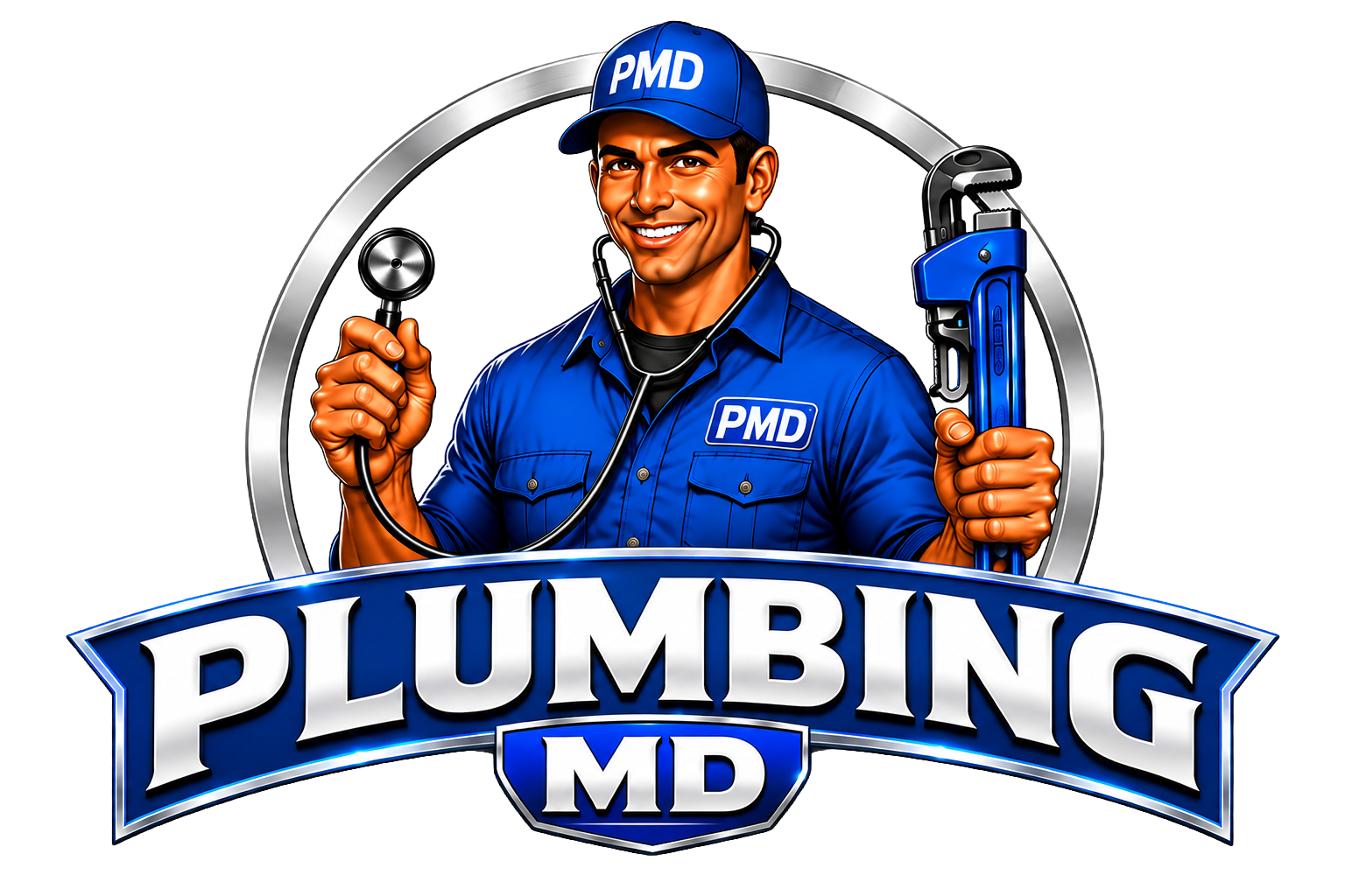 Plumber logo with smiling technician in blue uniform holding wrench and pipe