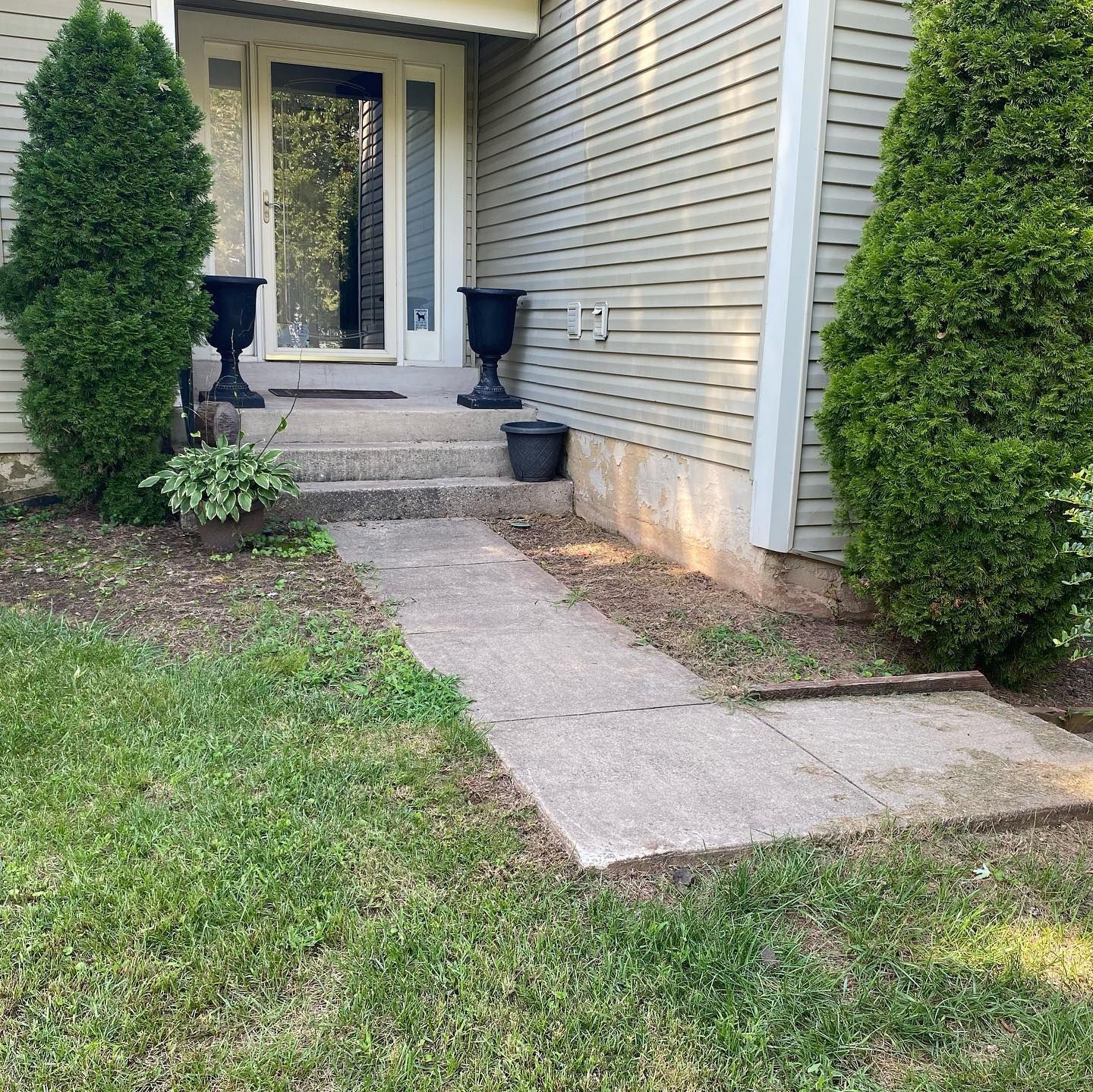 A concrete walkway leads to a house entrance flanked by two tall, green shrubs and decorative black urns.