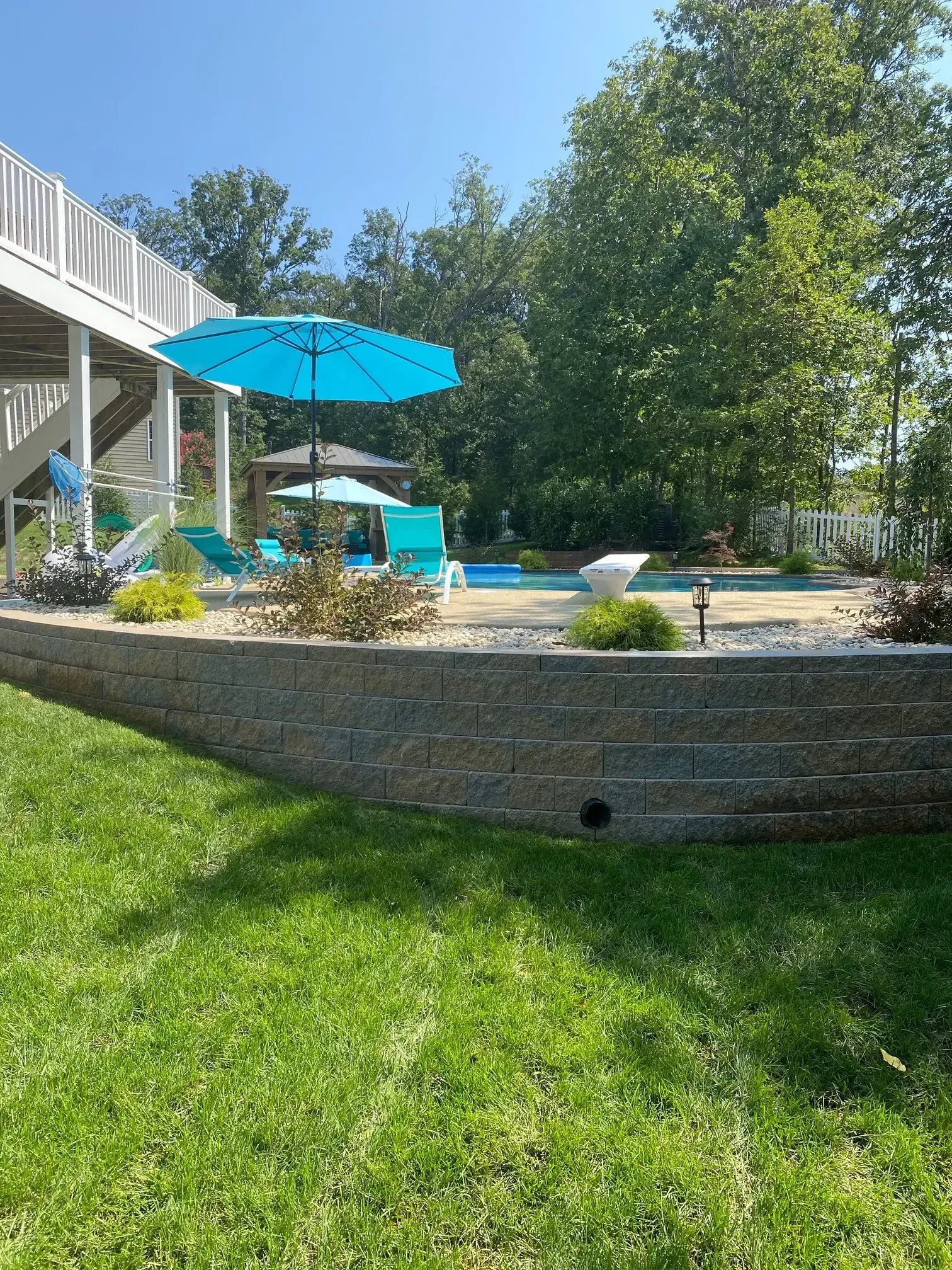 Backyard pool with bright blue umbrellas, patio furniture, and a green lawn under sunny trees