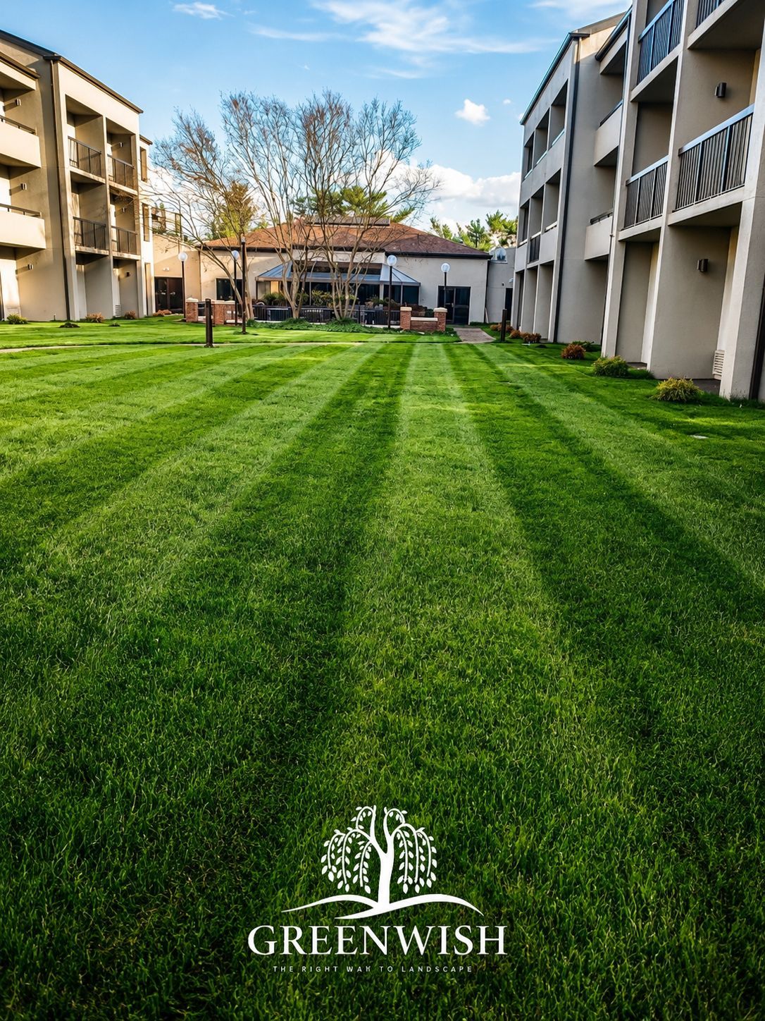 Professionally striped lawn maintained by GreenWish Landscape & Masonry at a commercial apartment community in Northern Virginia.