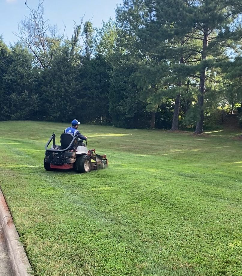 Worker mowing a green lawn with a riding mower beside a paved path and trees