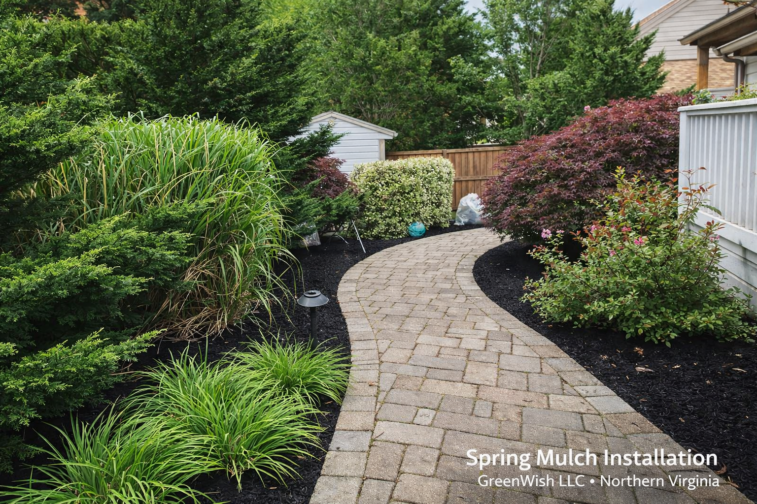 Curved brick garden path bordered by lush shrubs and flowers in a landscaped yard