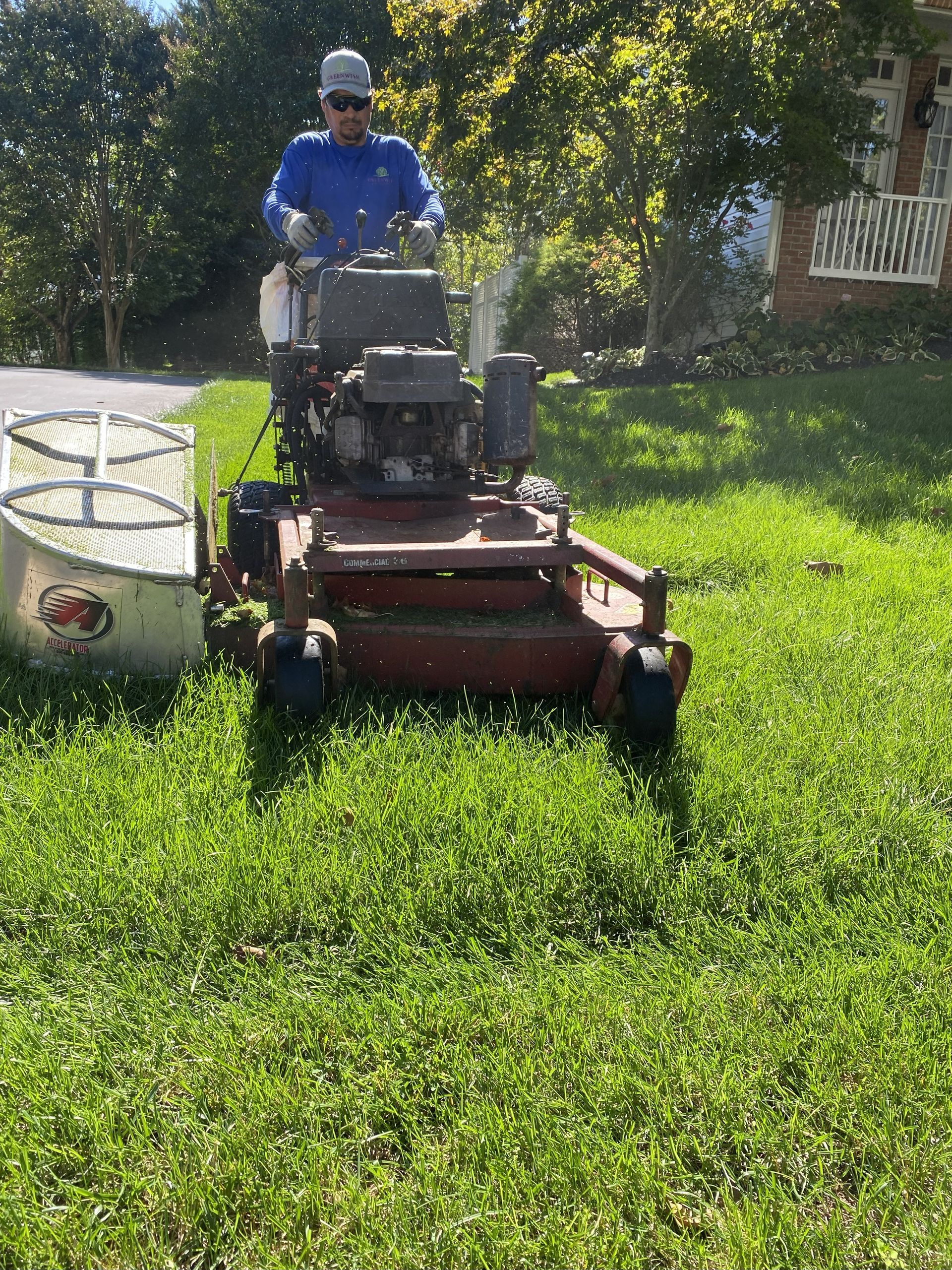 Person mowing a sunny lawn with a red riding mower beside a white bucket.