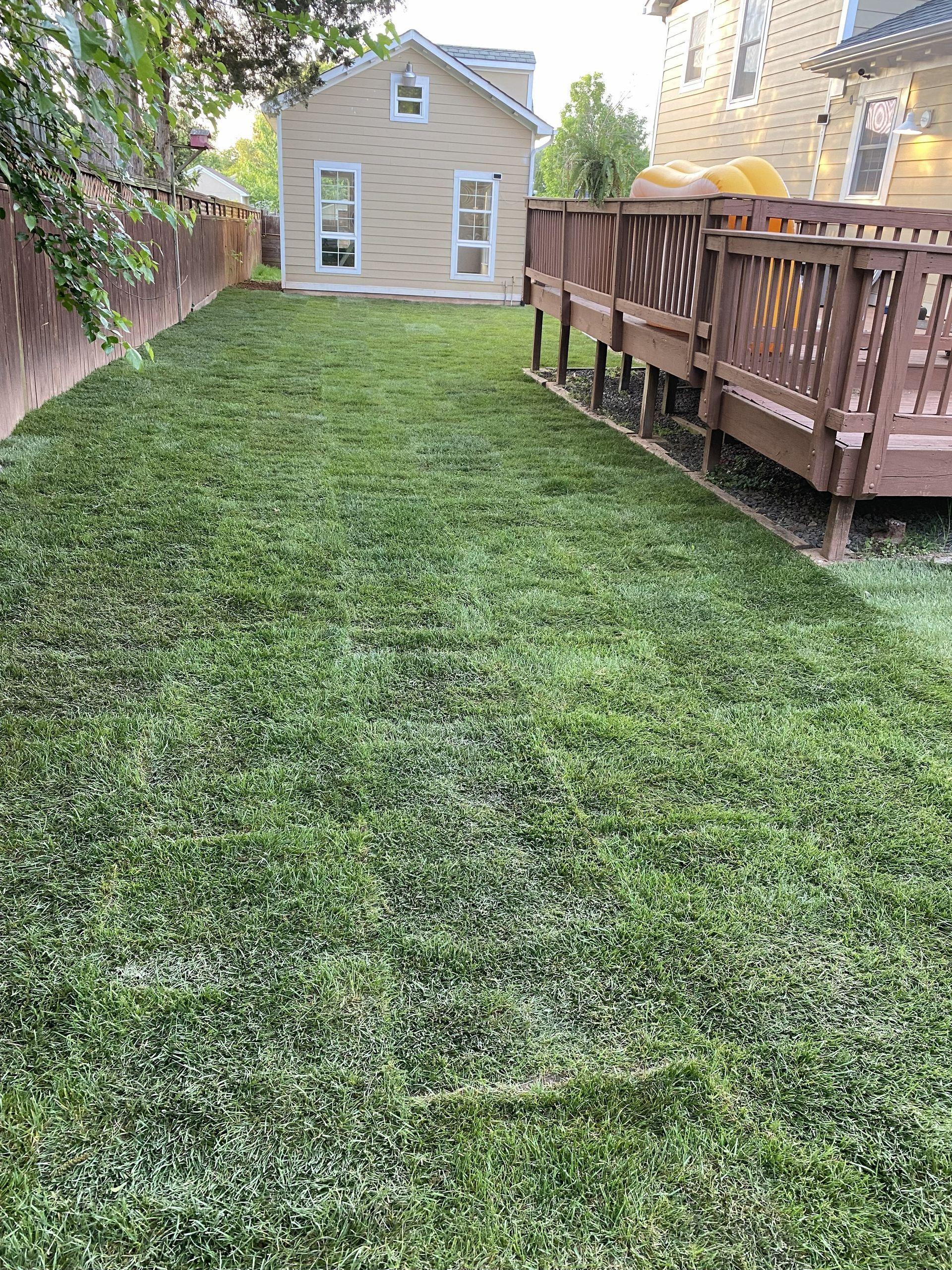A backyard with a recently mowed green lawn, a wooden deck on the right, and a tan detached garage in the background.