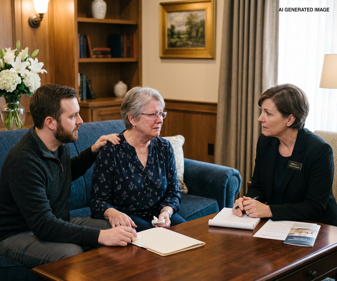 A professional meeting in an office as a person offers comfort to an upset individual sitting on a sofa.