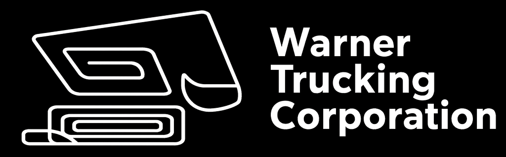 Warner Trucking Corporation logo. A white line drawing of a hand holding a stylized paper with the company's name.