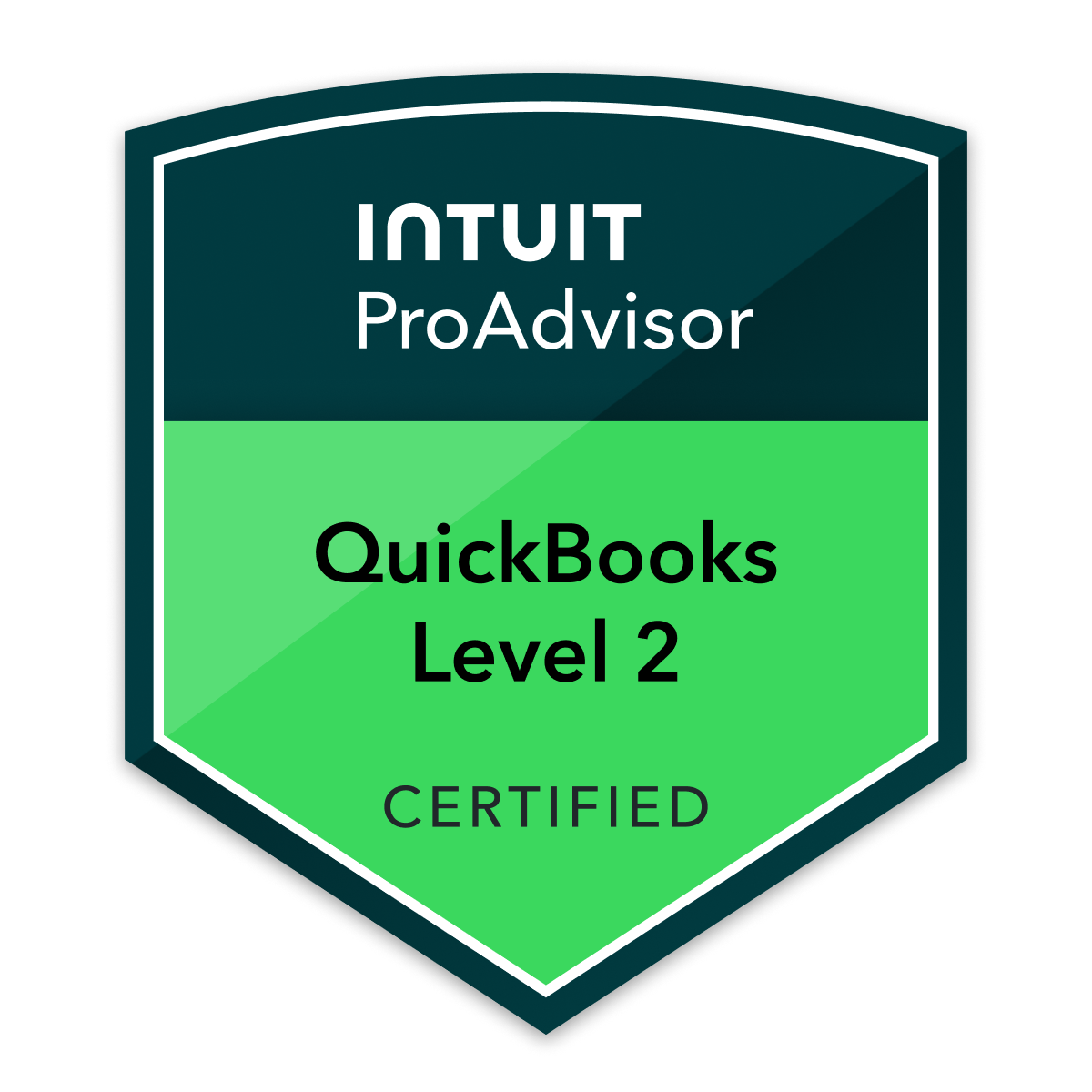 Intuit ProAdvisor QuickBooks Level 2 certified badge in green, black, and white