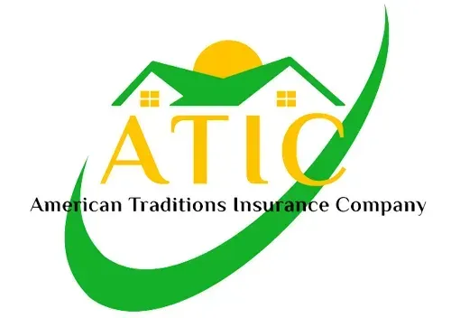Logo for American Traditions Insurance Company: green and gold house, sun, and curved green line, with 