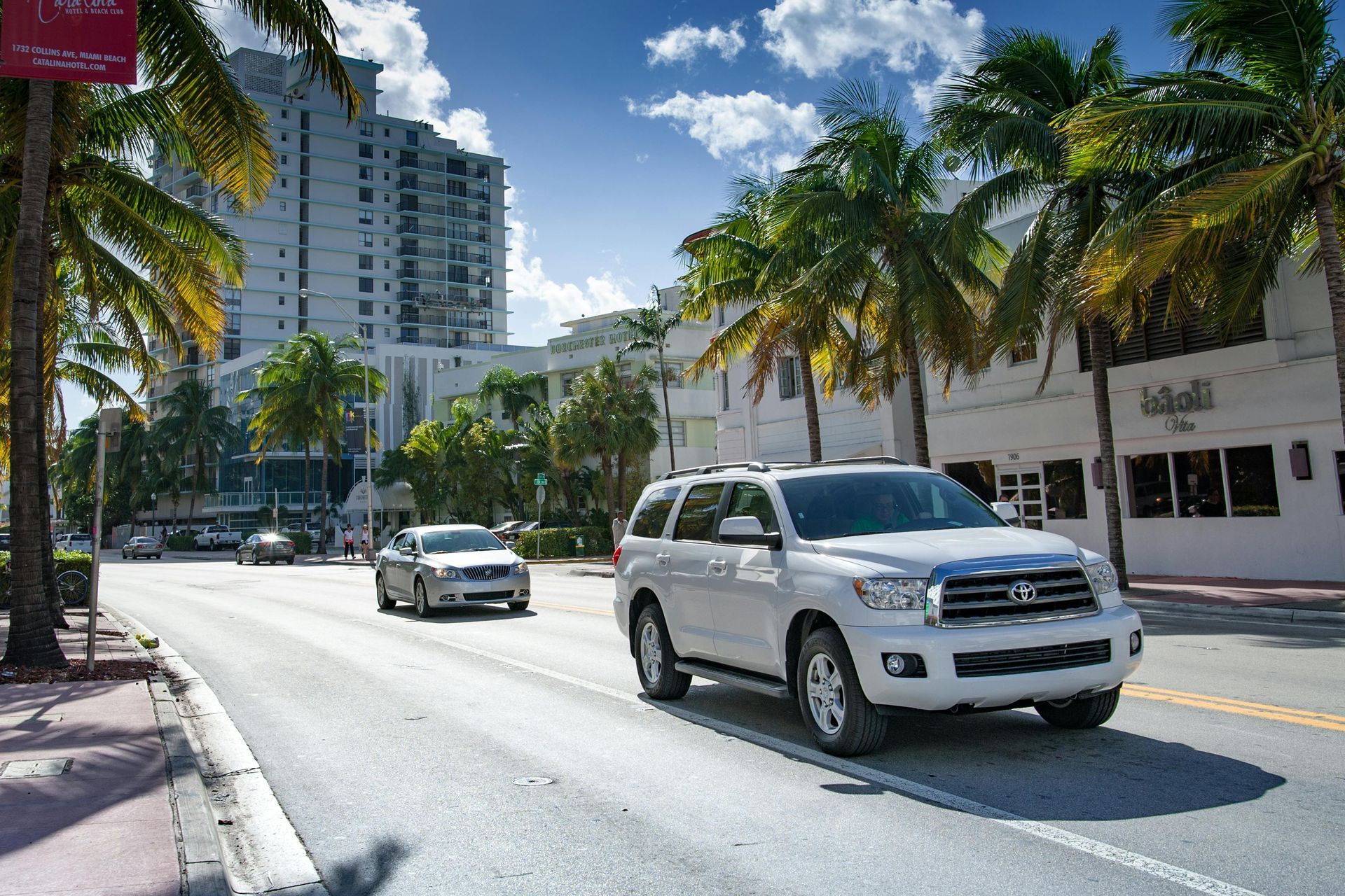 A white SUV and silver sedan driving down a sunny street lined with palm trees and buildings in Miami.